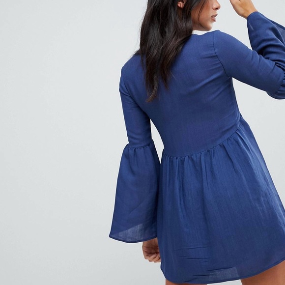 Cute English Factory Ruffle Mini Dress with Lace Trim & Flounce Sleeves Navy XS - Picture 8 of 16